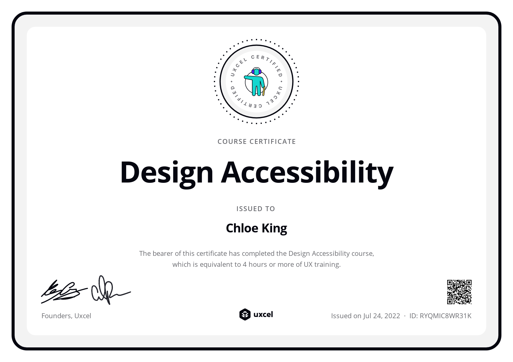 Chloe King's certificate